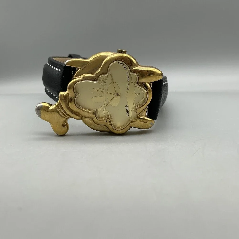 Vtg Lorus Womens Watch 30mm Disney Goofy Gold Tone Black Leather New Battery
